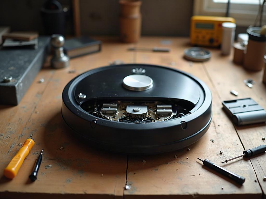 A robot vacuum cleaner with its bottom plate removed, exposing the internal components like the brush roll, wheels, and sensors.