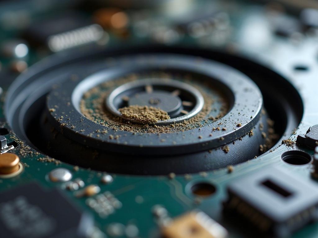 A close-up view of the underside of a robot vacuum, showing the cliff sensors, wheel, and brush roll.