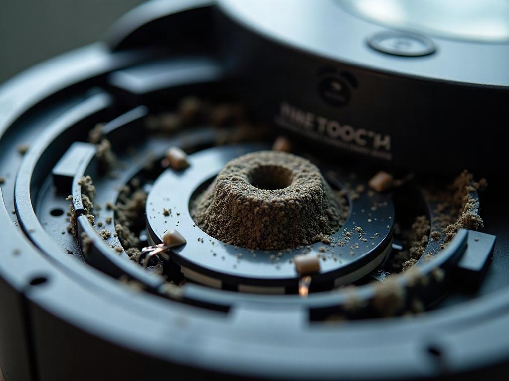 A robot vacuum cleaner's underside showing its cliff sensors and navigation components