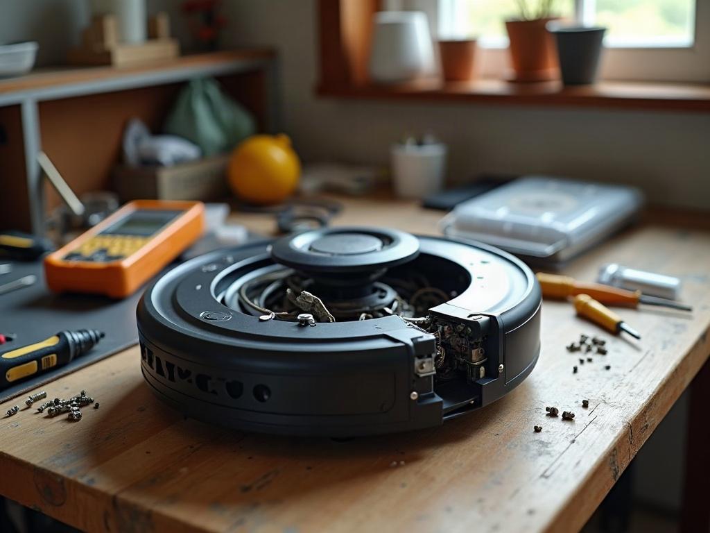A robot vacuum cleaner with its bottom panel removed, exposing the internal components like the wheels, sensors, and brush assembly.