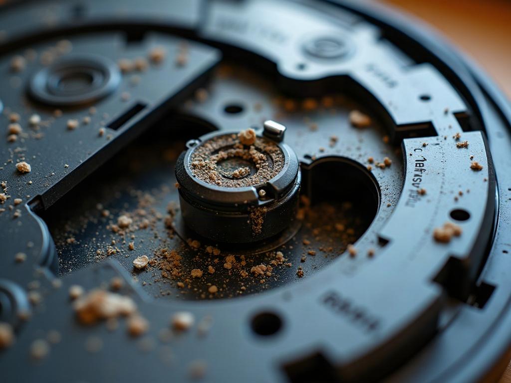 A close-up view of the internal components of a robot vacuum, including the brush roll, sensors, and wheels.
