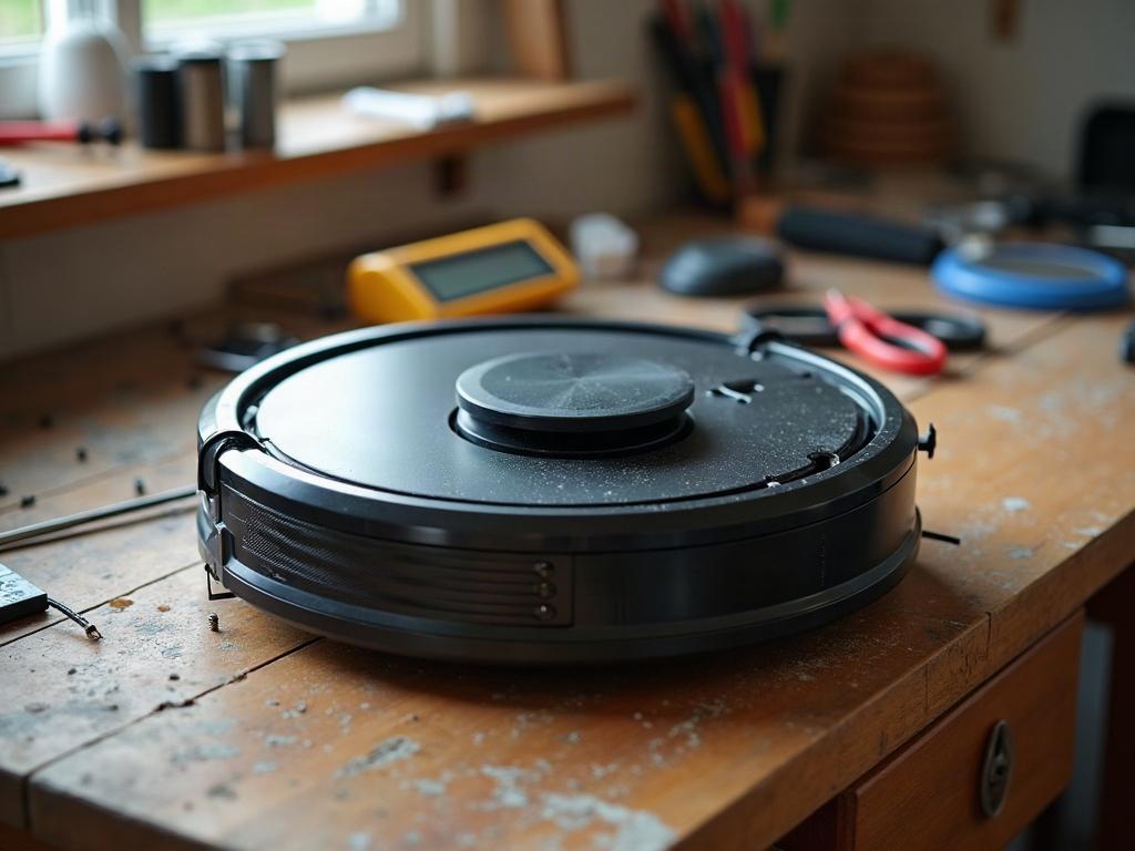 A robot vacuum cleaner with its bottom plate removed, exposing the internal components.