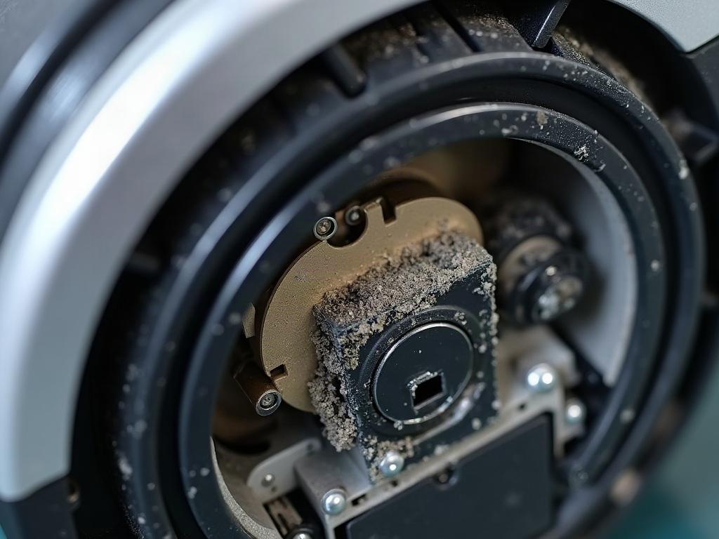A close-up view of the internal components of a robot vacuum, including the battery, filter, and brush roll.