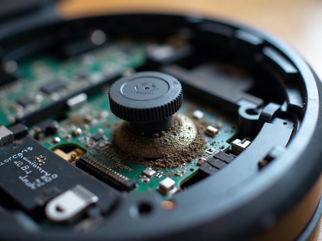 A robot vacuum cleaner with its bottom plate removed, revealing the internal components