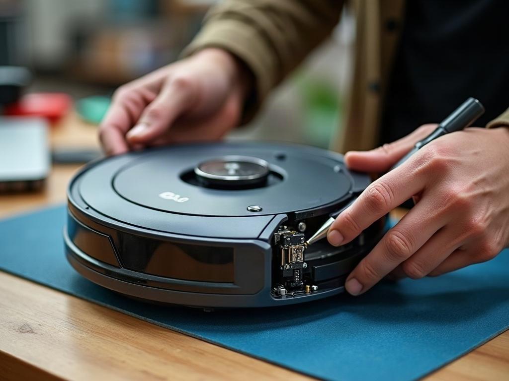 A close-up view of a robot vacuum's cliff sensors and wheel encoders.