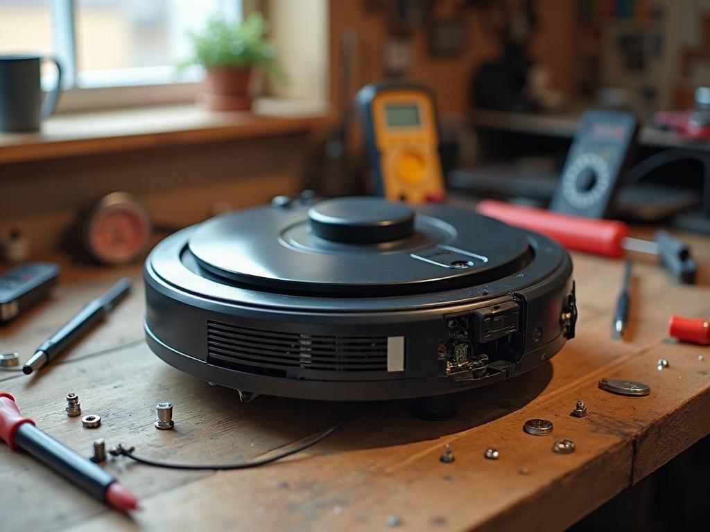 A robot vacuum with its bottom plate removed, exposing the internal components and sensors.