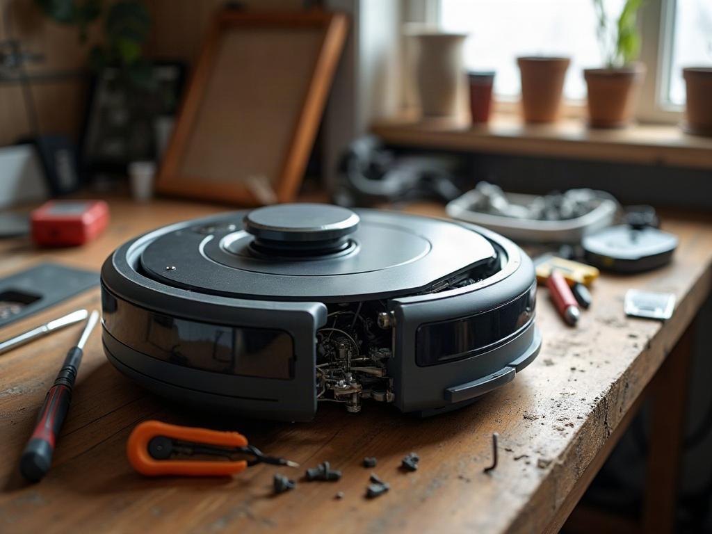 A robot vacuum cleaner with its bottom plate removed, exposing the internal components including the battery pack.