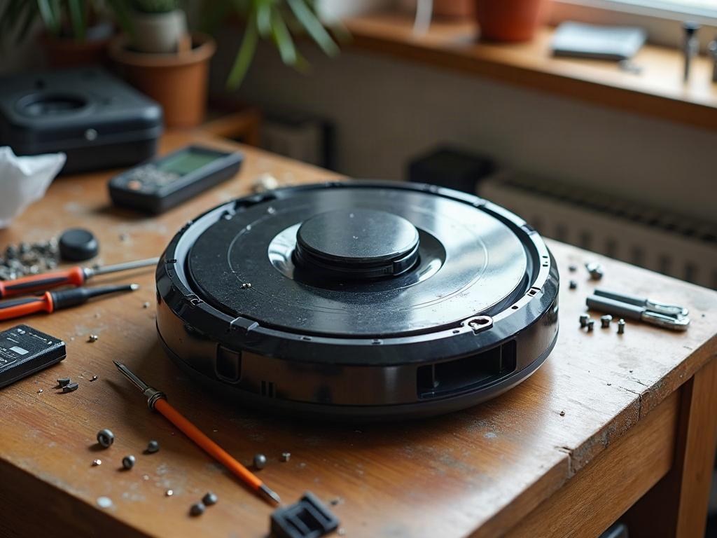 A robot vacuum cleaner stuck on a rug with its wheels spinning