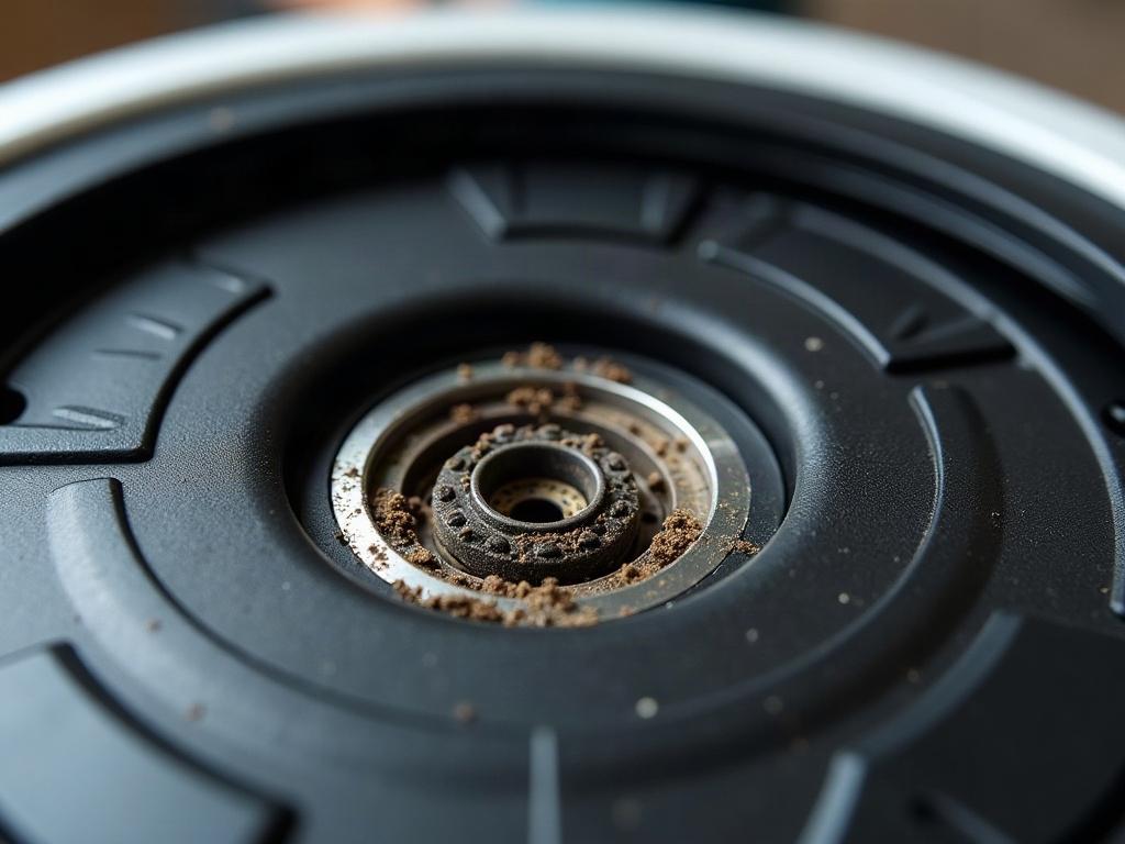 A robot vacuum cleaner with its bottom plate removed, showing the internal components