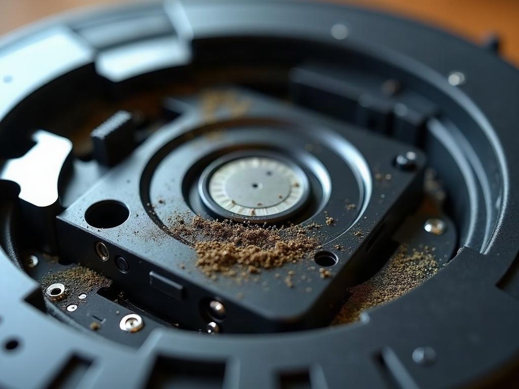 Close-up view of the underside of a robot vacuum cleaner, showing the cliff sensors and wheels