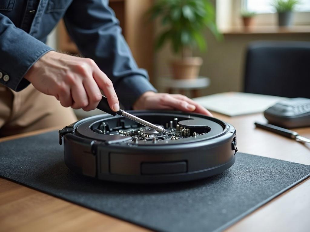 A robot vacuum cleaner on a hardwood floor with its bottom panel open, revealing the internal components.