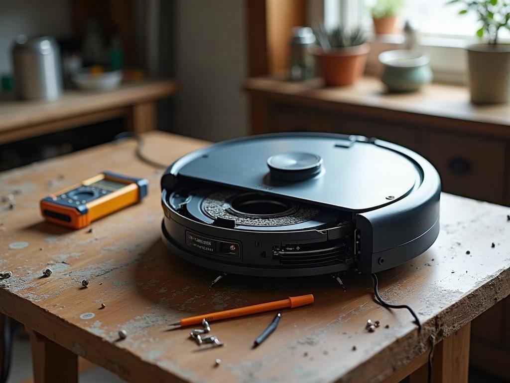 A close-up view of a robot vacuum's internal components, including the battery, motors, and sensors.