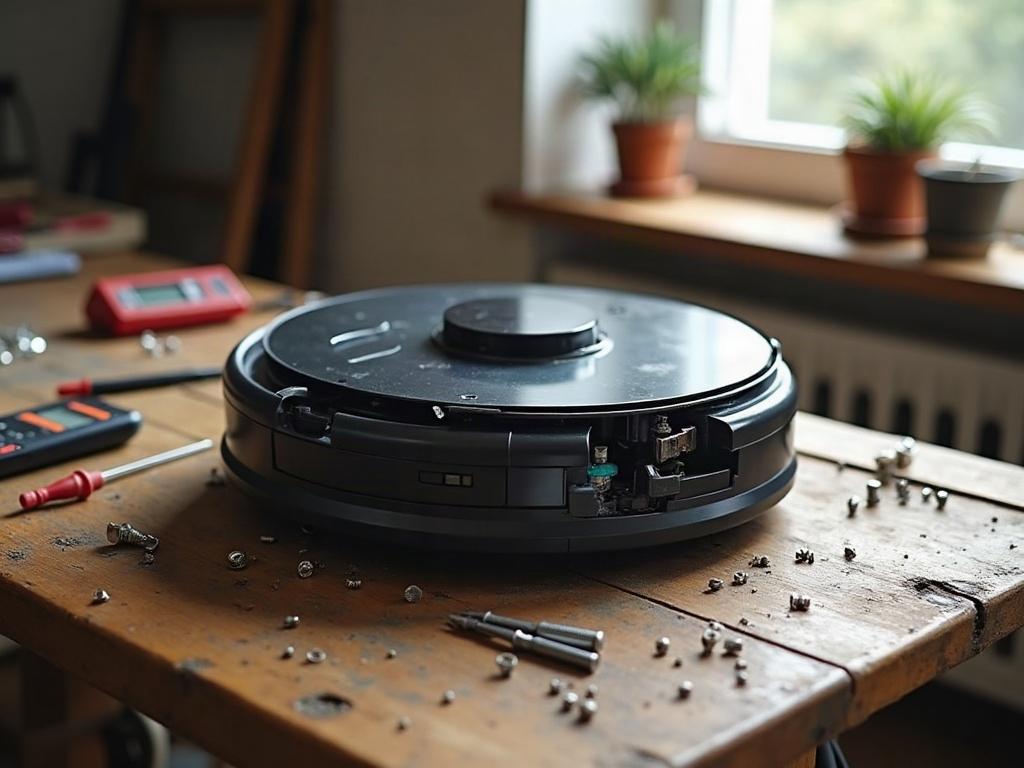A robot vacuum cleaner with the bottom panel removed, exposing the internal components including the water tank and sensors.