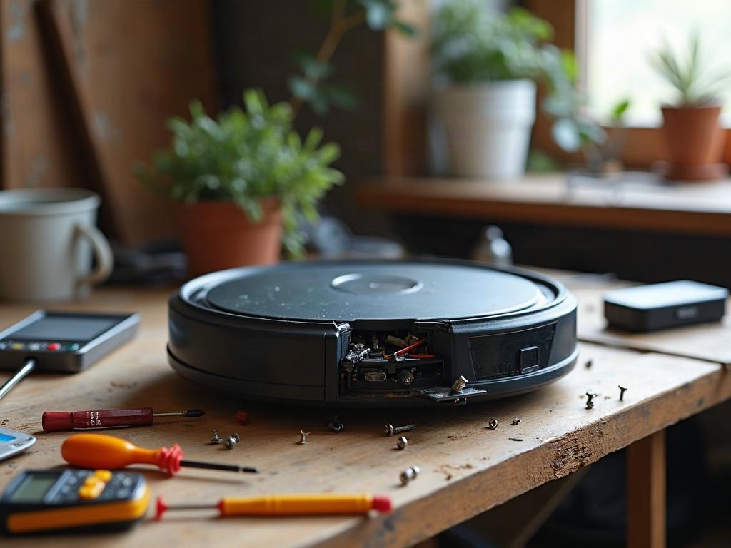 A robot vacuum cleaner with the bottom plate removed, exposing the filter and suction inlet.