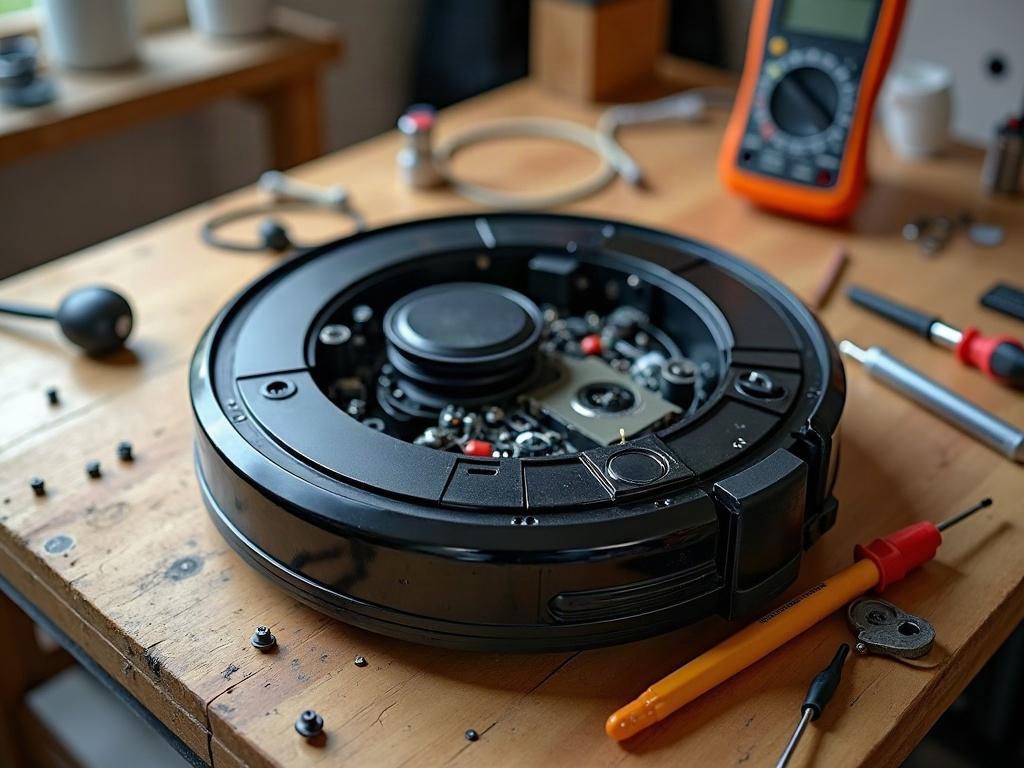 A robot vacuum cleaner with its bottom panel removed, exposing the internal components including the wheels and sensors.