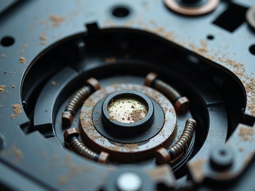 A close-up view of a robot vacuum's wheel module, showing the wheel, motor, and sensor components.