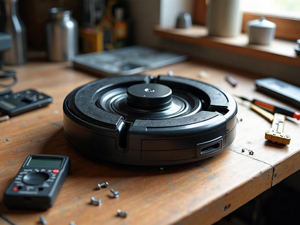 A close-up view of a robot vacuum's wheel assembly, showing the wheel, axle, and surrounding housing.