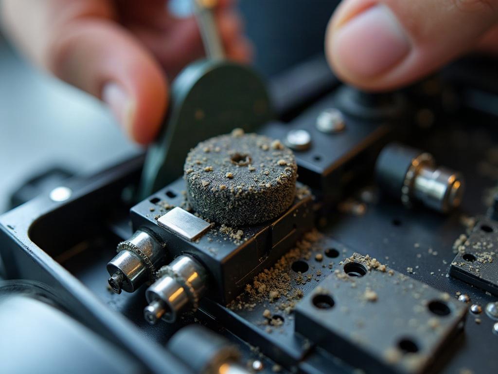 A robot vacuum with its bottom plate removed, exposing the wheel assembly and internal components.