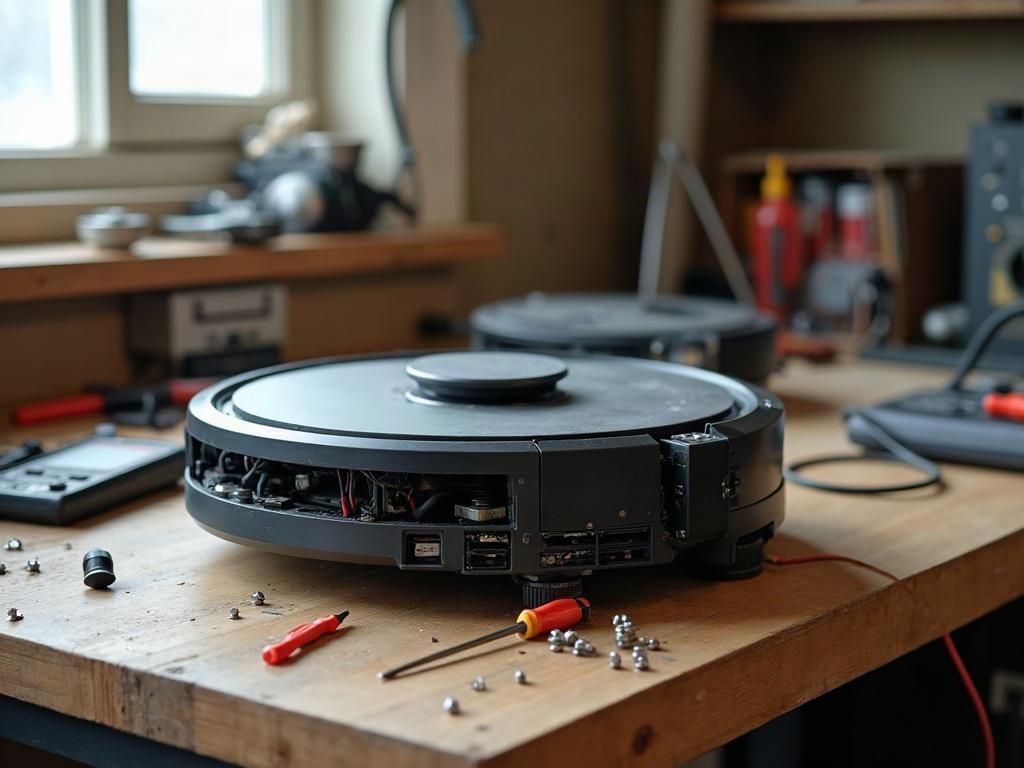 A robot vacuum cleaner on a hardwood floor with its bottom panel removed, exposing the internal components.